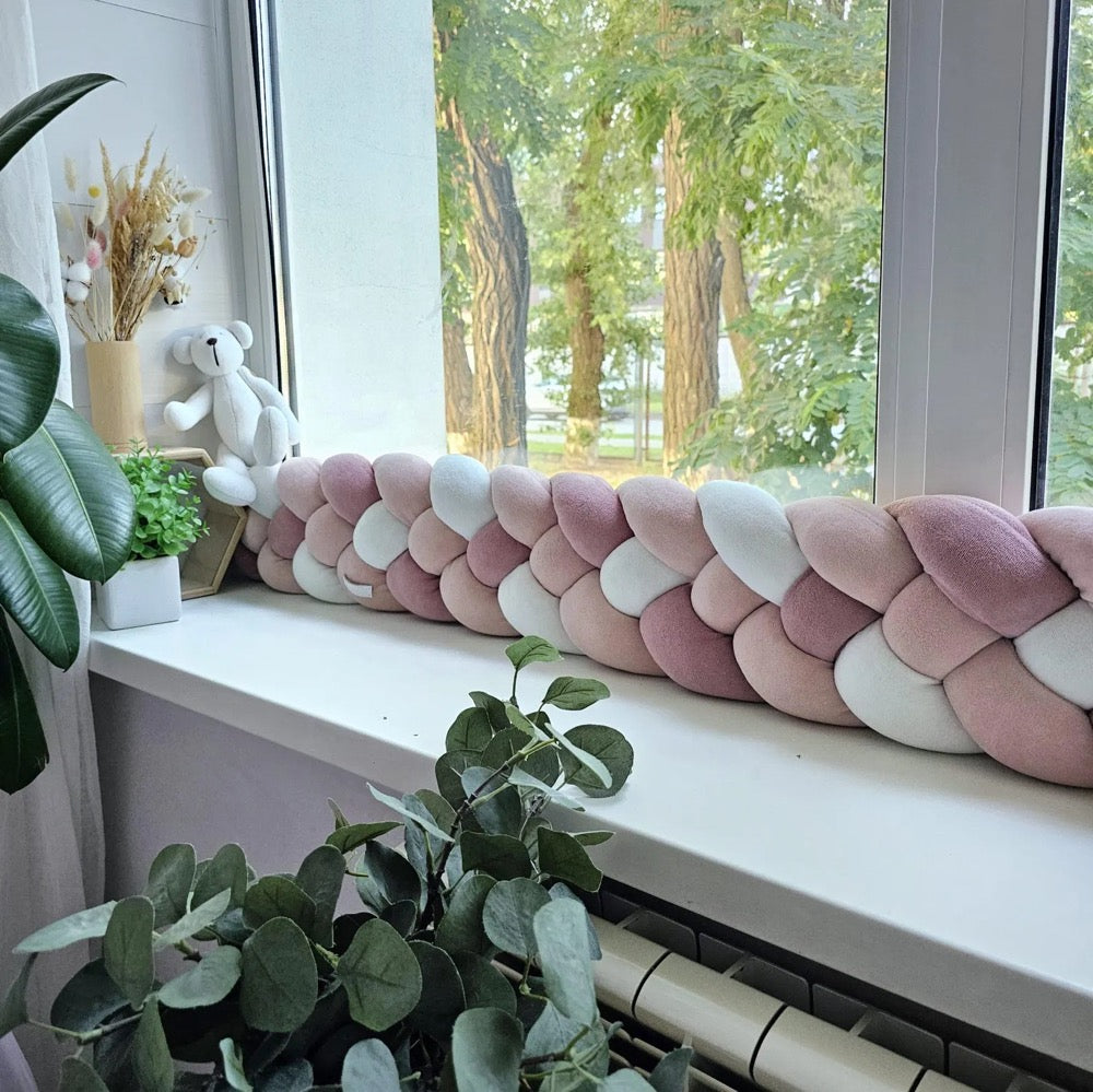 Braided pillow bolster draft stopper. Door or window draft barrier. Noise blush protector nursery. Knot pillow