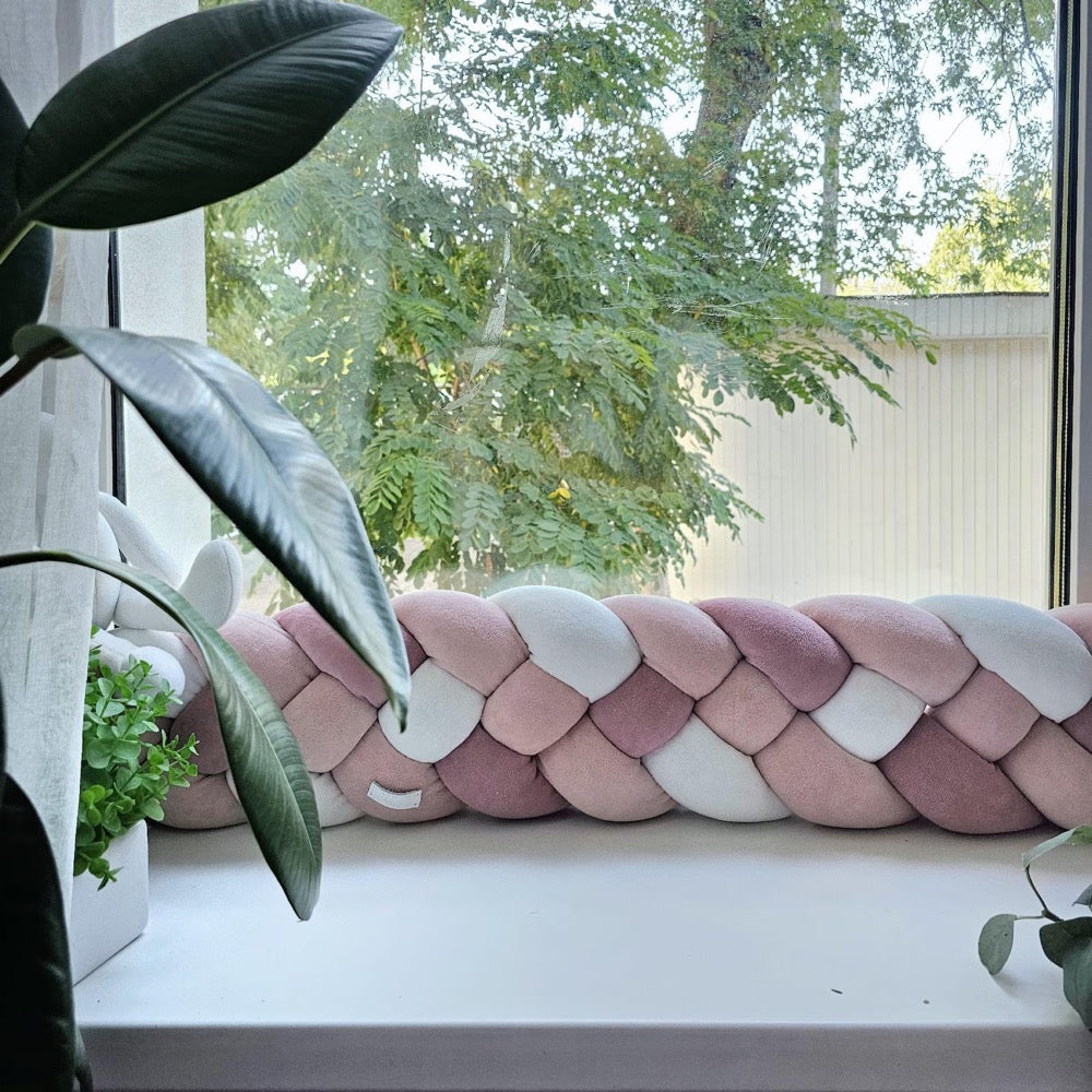 Braided knot pillow draft stopper. Door or window draft barrier. Noise blush protector nursery. Bolster pillow. Decor for sofa or chair