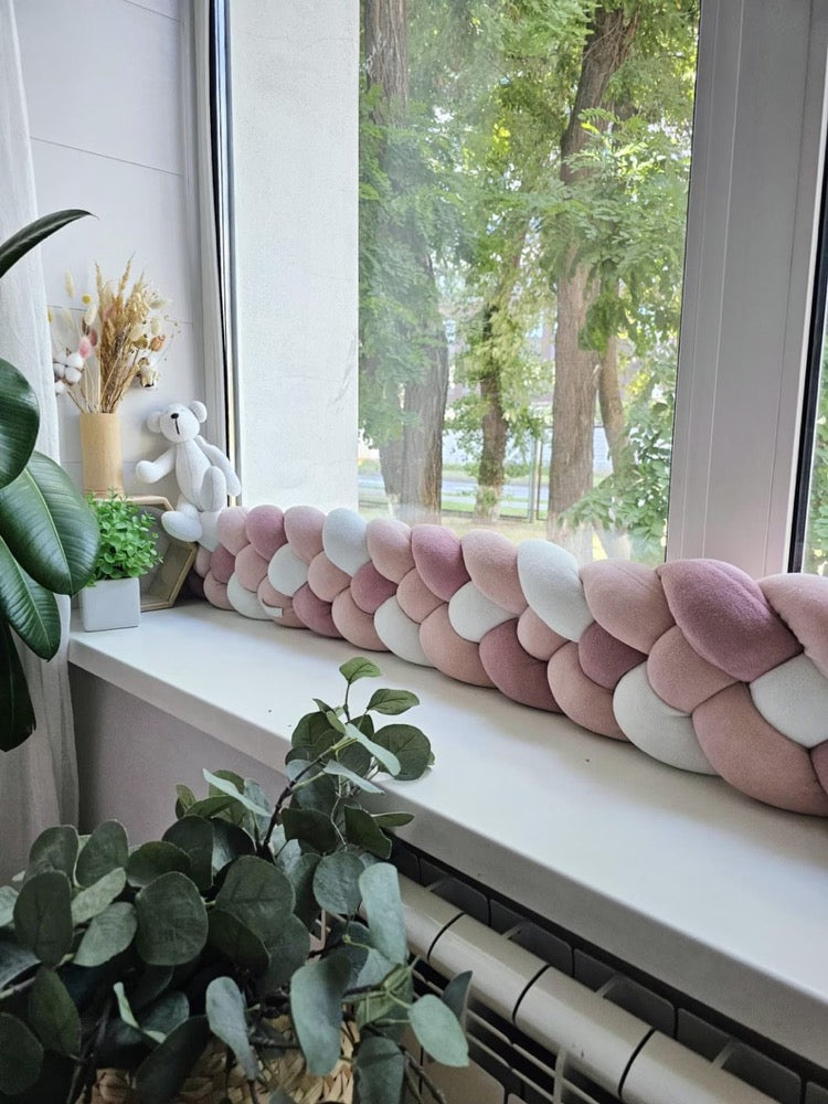 Braided pillow bolster draft stopper. Door or window draft barrier. Noise blush protector nursery. Knot pillow